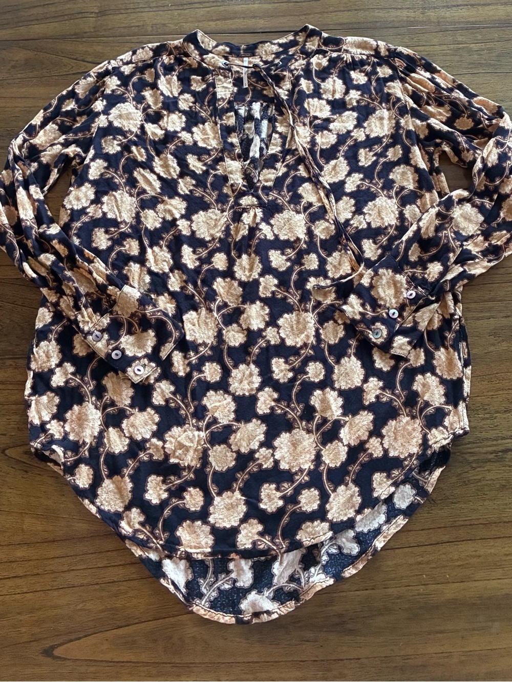 Free People Black Blouse with Beige Floral boho vintage floral Print